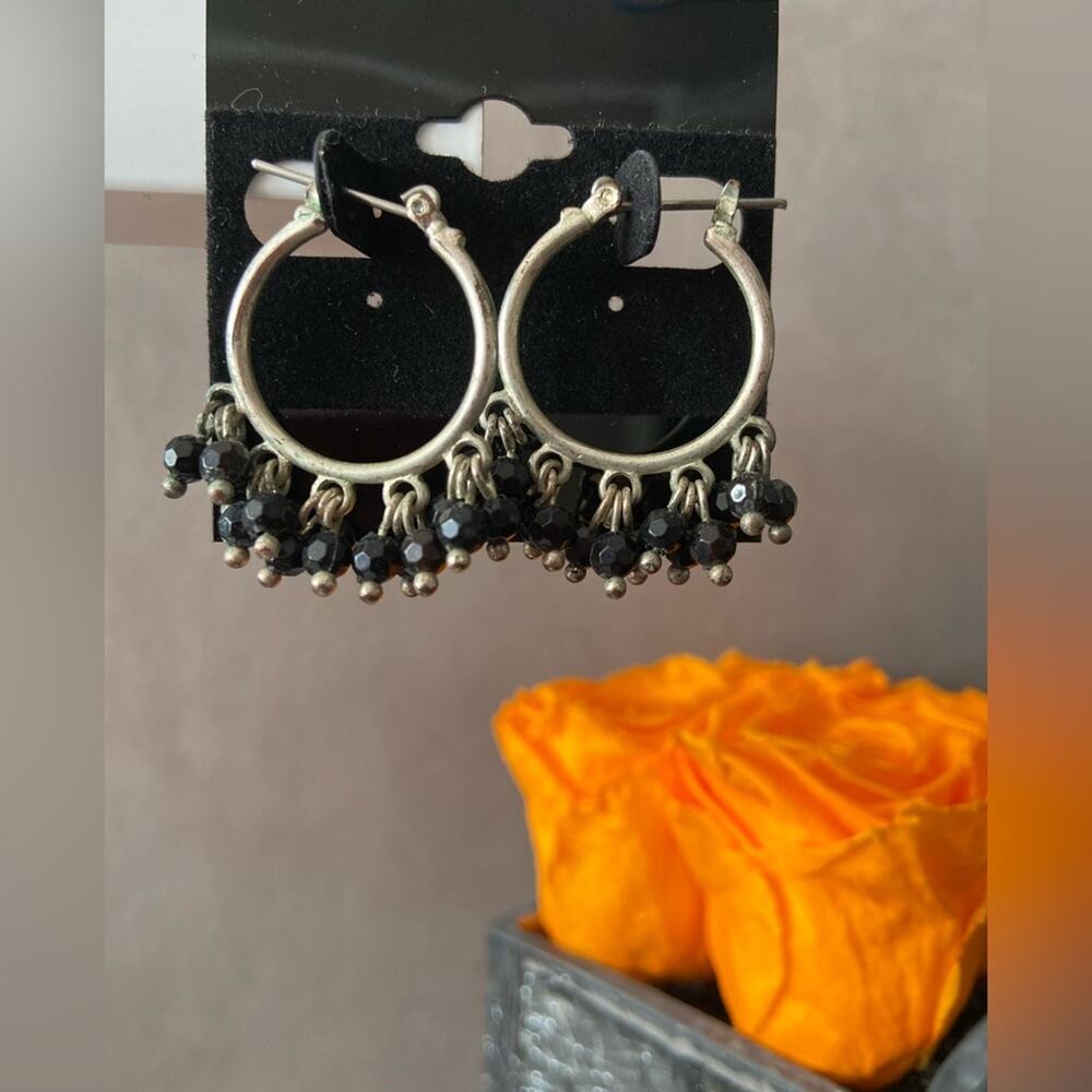 Boho Silver w/Black Bead Hoop Earrings